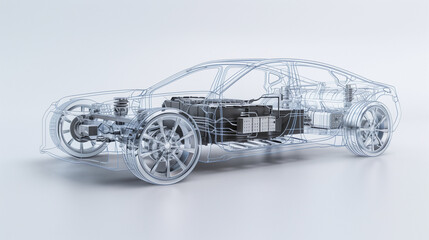 Fototapeta premium A line art 3D illustration displays a modern electric car chassis x-ray, revealing the vehicle battery in a studio environment.