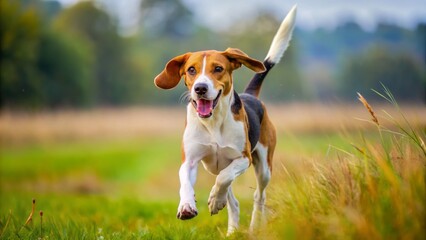 The American foxhound bursts through the sun-drenched field, its ears alert and ears perked high, tail wagging