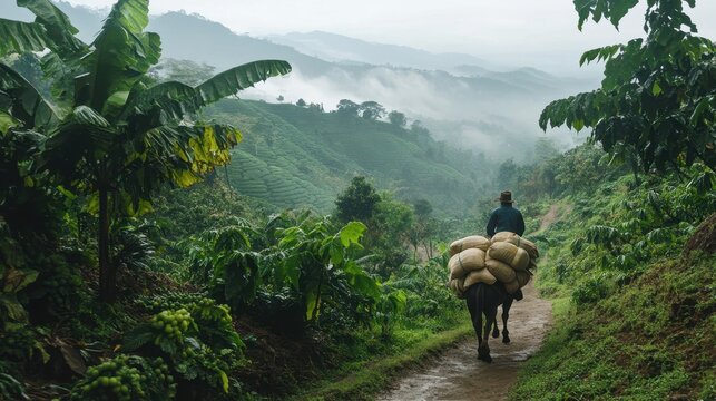 A coffee farmer guides a mule carrying a heavy load through lush hills in the early morning mist