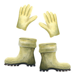 A set of two green gumboots and pair of gardening gloves. Hand drawn watercolor illustration isolated on white background. For clip art template