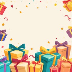 Obraz premium Colorful cartoon gift boxes with ribbons and stars forming a festive border on a light background, perfect for celebrations and holidays.