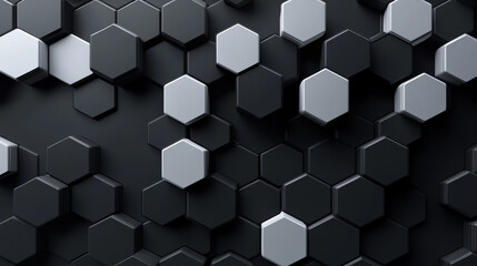 A dark background features a pattern of white and gray hexagons. This geometric design represents technology, possibly blockchain or scientific concepts.