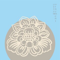 Asian style card.Fantasy linear plants on a colored background,stylized as Chinese,Japanese,Korean ornament with text.Vintage themed digital illustration for branding,posters,invitations,weddings