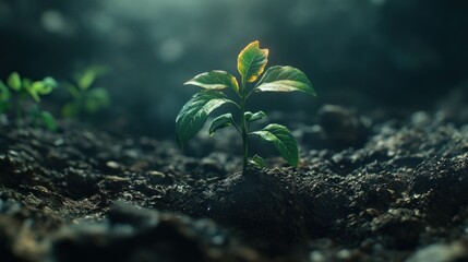 A Single Sapling Emerges from Dark Soil