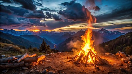 Fototapeta premium View of bonfire burning at night with mountains in background