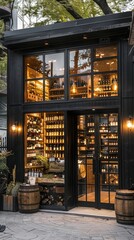 storefront of An elegant wine shop with tall glass windows, stylish wine displays, and a sophisticated, dark wood exterior. 
