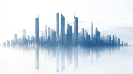 Fototapeta premium Futuristic Urban Cityscape: Serene Skyline with Glass Skyscrapers, Modern Architecture, and Ethereal Reflections in Blue Hues - A Minimalist, Symmetrical Urban Design Perspective