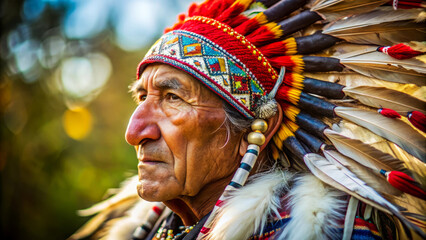 Native American Elder In Traditional Headdress. Close-Up Portrait. Cultural Heritage. Respect For Indigenous Peoples.