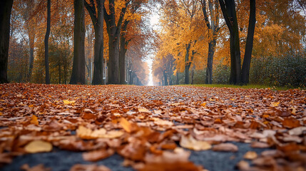Autumn leaves on a narrow asphalt road 