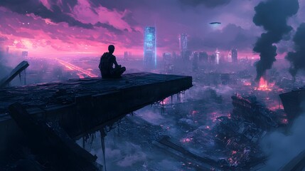 Cybernetic Figure Overlooking Neon-Lit Ruins of Futuristic Dystopian City
