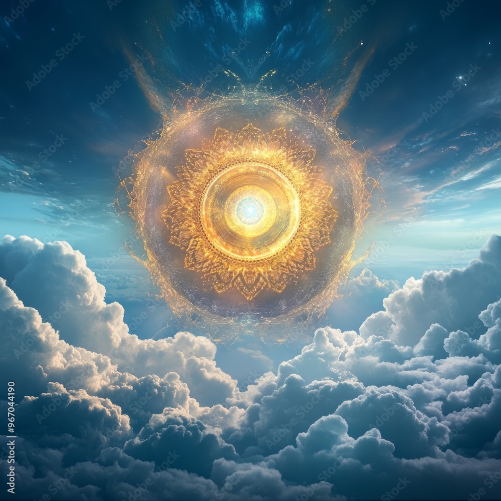 Canvas Prints A glowing orb surrounded by intricate designs in a blue sky with white clouds.