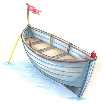 recommend clip art: A charming hand drawn illustration of a small blue rowboat with a red flag. perfect for adding a touch of nautical charm to your designs.
