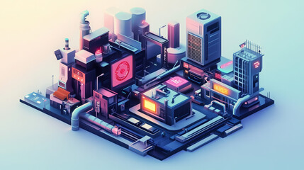 Fototapeta premium Futuristic Cityscape: A Colorful Urban Skyline with Innovative Digital Architecture, Neon Design, and Vibrant Elements Showcasing Modern Technology and Industrial Efficiency