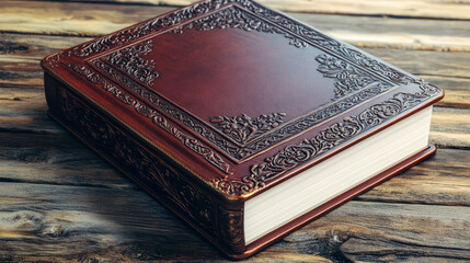 Obraz premium Antique leather-bound book with intricate floral designs on a rustic wooden background. ideal for historical, fantasy, or literary projects.