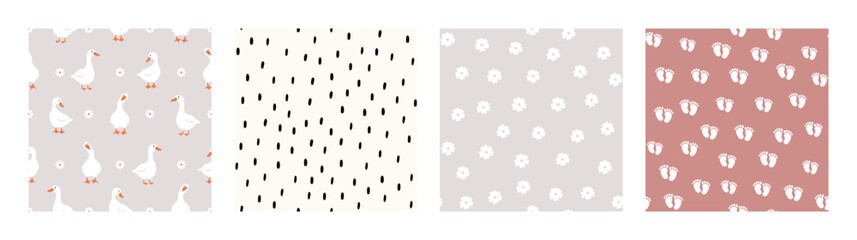 Bohemian Baby pattern. Set of Boho print for kids with gooses, flowers, small dashes and footprints. Gender Neutral Nursery Cute Ornaments. Vector illustration in flat cartoon style.
