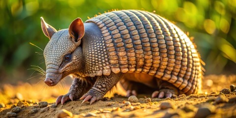 Obraz premium The three-banded armadillo's armored shell glistens in the sun as it rolls into a ball, claws digging fiercely