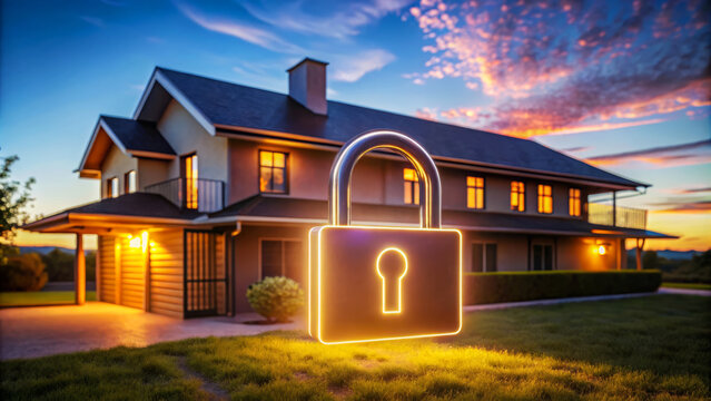Home Security: Glowing Lock In Front Of House At Sunset 