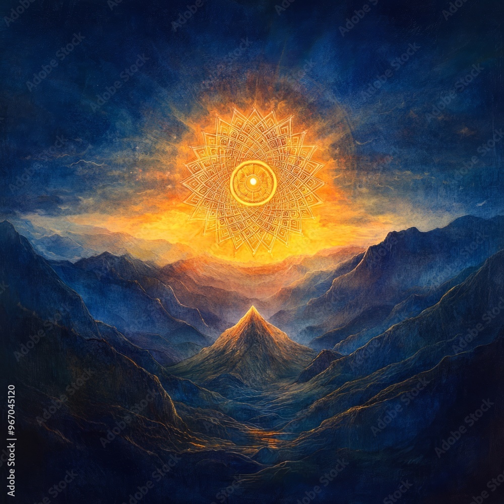 Sticker A glowing sun with a mandala-like design shines over a mountainous landscape with a peak in the foreground.