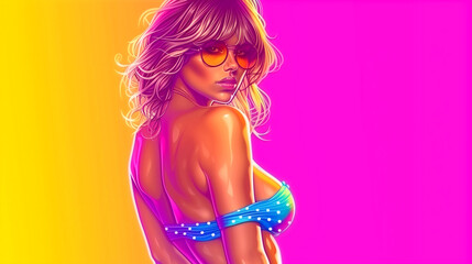 Fototapeta premium A woman in a bikini is wearing sunglasses and standing in front of a pink background. The image has a bright and cheerful mood, with the pink background and the woman's bright blue bikini