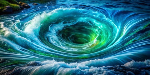 The whirlpool's mesmerizing vortex pulls the eye into a dazzling display of blue and green waters' swirling turmoil.