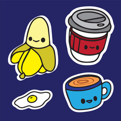food icons set coffee cup mug banana peel of coffee cup egg sticker cartoon set high quality vector for prints children cute adorable
