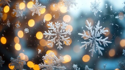 Fototapeta premium A close-up of frosty window glass with snowflakes and blurred Christmas lights in the background. Focal point. No people. No logo.