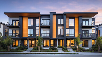 Front view of a row of modern townhouses, each with unique facades, large windows, and small landscaped front yards, capturing urban residential architecture