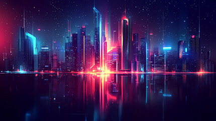 A city skyline is reflected in the water Neon Cityscape.