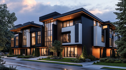 Fototapeta premium The front view of a newly built home is enhanced by a picturesque surrounding of vibrant green grass 
