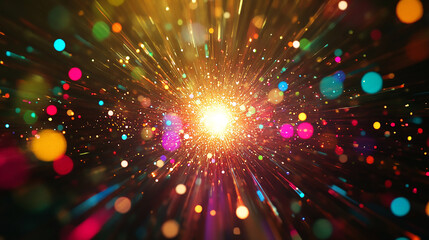 Naklejka premium Abstract burst of vibrant bokeh lights in various colors, creating a dynamic and energetic visual effect.