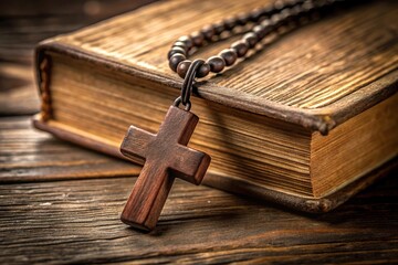 Vintage wooden Christian cross necklace next to holy bible at a tilted angle