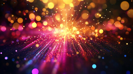 Fototapeta premium Abstract burst of vibrant bokeh lights in various colors, creating a dynamic and energetic visual effect.