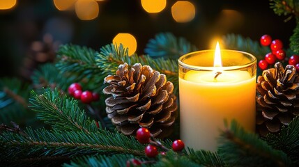 A lit candle with Christmas greenery, pine cones, and red berries, creating a warm, festive atmosphere. Focal point. No people. No logo.