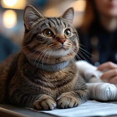 Closeup portrait of a cat wearing collar