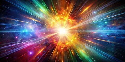 Vivid abstract space art depicting a cosmic explosion with multicolored light bursts and copy space