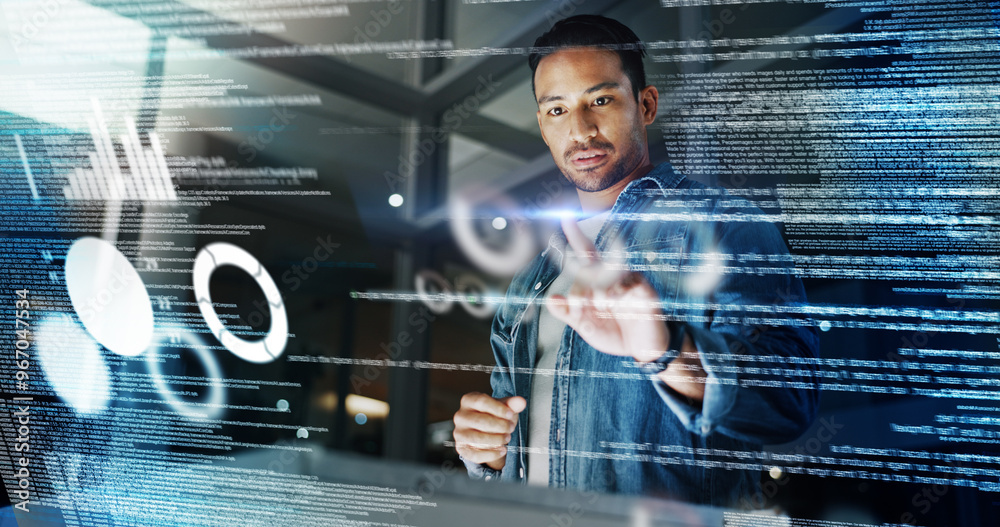Leinwandbilder Dark, office and man with data overlay, digital coding and system management for crypto trading. Future technology, dashboard and programmer with hologram for cyber stocks, analytics and online info