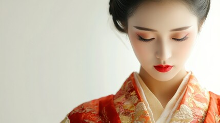 Woman in Traditional Japanese Kimono with Red Lipstick
