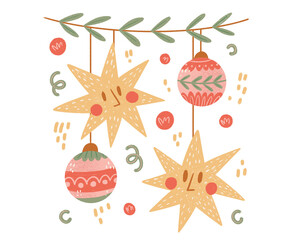 Christmas Garland with Playful Stars and Balls. Holiday Clipart Featuring Smiling Stars and Festive Decorations. Cute Retro Style