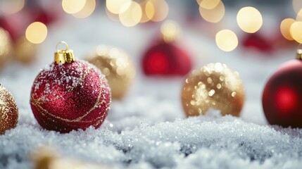 Close-up of red and gold holiday baubles scattered on a snowy surface, capturing the festive spirit. Focal point. No people. No logo.