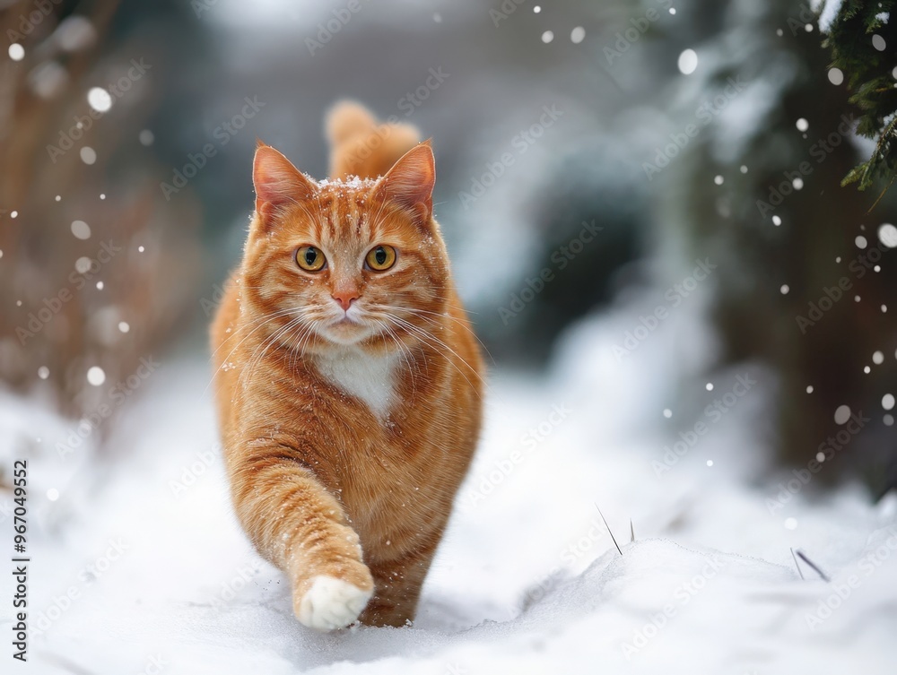 Wall mural A playful orange cat explores a snowy path in a winter wonderland landscape