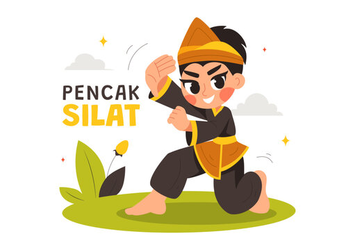 Pencak Silat Sport Vector Illustration featuring Martial Artists Posing in Traditional Indonesian Fighting Stances, in a Flat Style Cartoon Background
