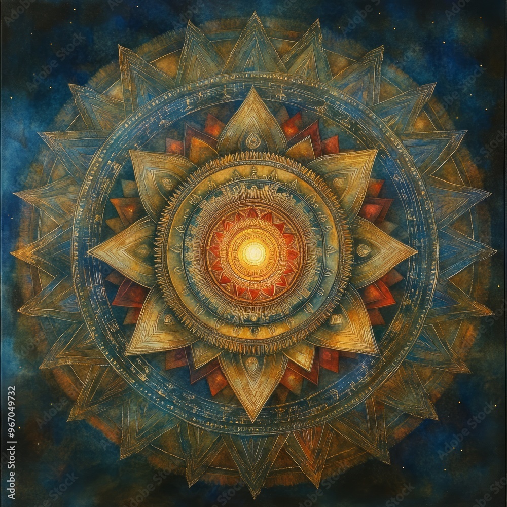 Poster A golden mandala with a glowing center, surrounded by a blue background with stars.