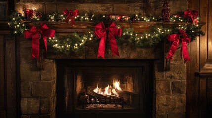 Festive garland with red ribbons and white lights draped across a rustic fireplace. Focal point. No people. No logo.