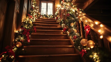 Fototapeta premium Festive garlands and lights adorning a rustic wooden staircase, creating a warm holiday atmosphere. Focal point. No people. No logo.