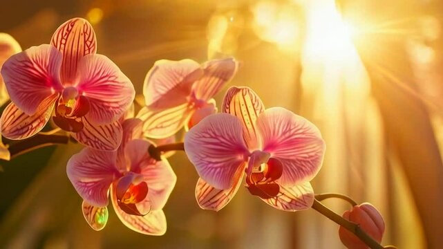 Beautiful pink orchids illuminated by sunlight, showcasing delicate petals and vibrant colors.