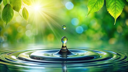 Water droplet falling from green leaves against nature background Panoramic