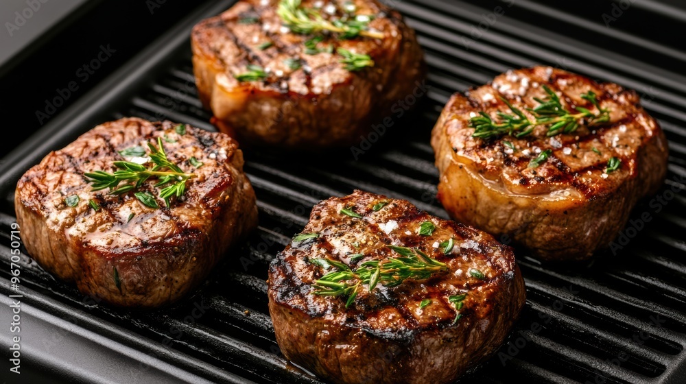 Canvas Prints Four steaks are cooking on a grill with herbs, AI