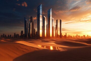 A futuristic desert city features mirrored skyscrapers that reflect the sun, harnessing renewable energy to power the metropolis