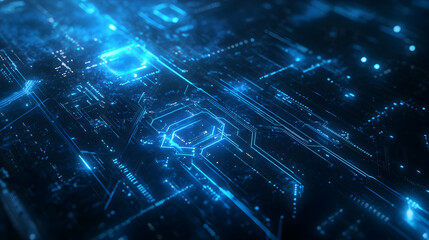 This is a picture of a digital circuit board with glowing blue lines and components