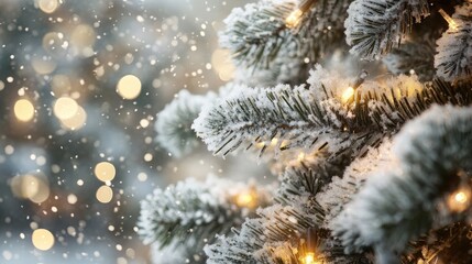 Snowy Christmas tree branches with sparkling lights and frosted glass ornaments. Focal point. No people. No logo.